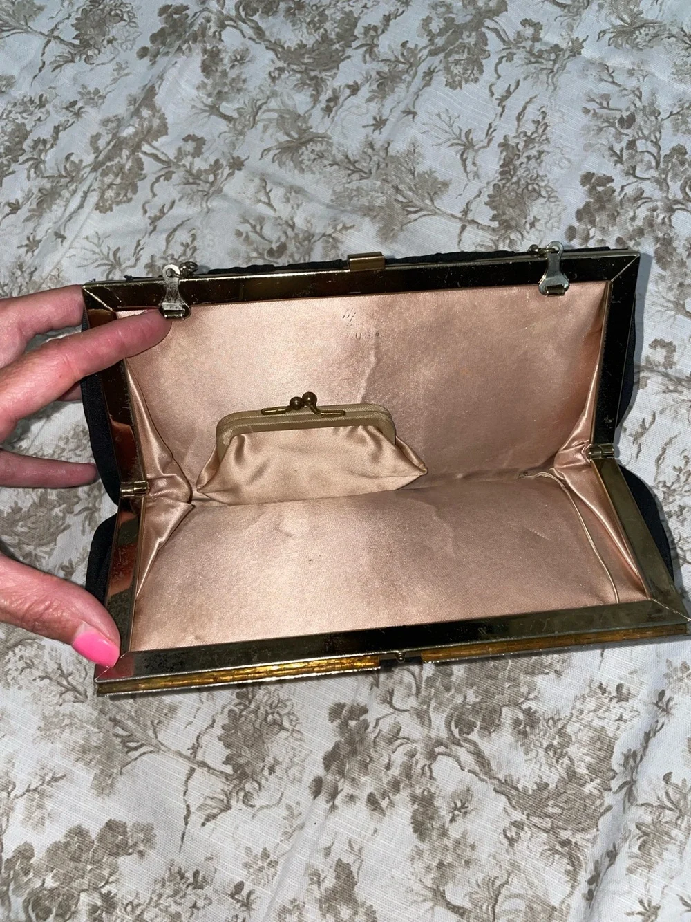 Vintage 1950s Harry Levine Black Evening Clutch with Gold Frame and Chain
